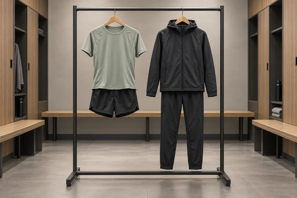 Two sports outfits, one light and one warm, hanging side by side on a clothes rack.